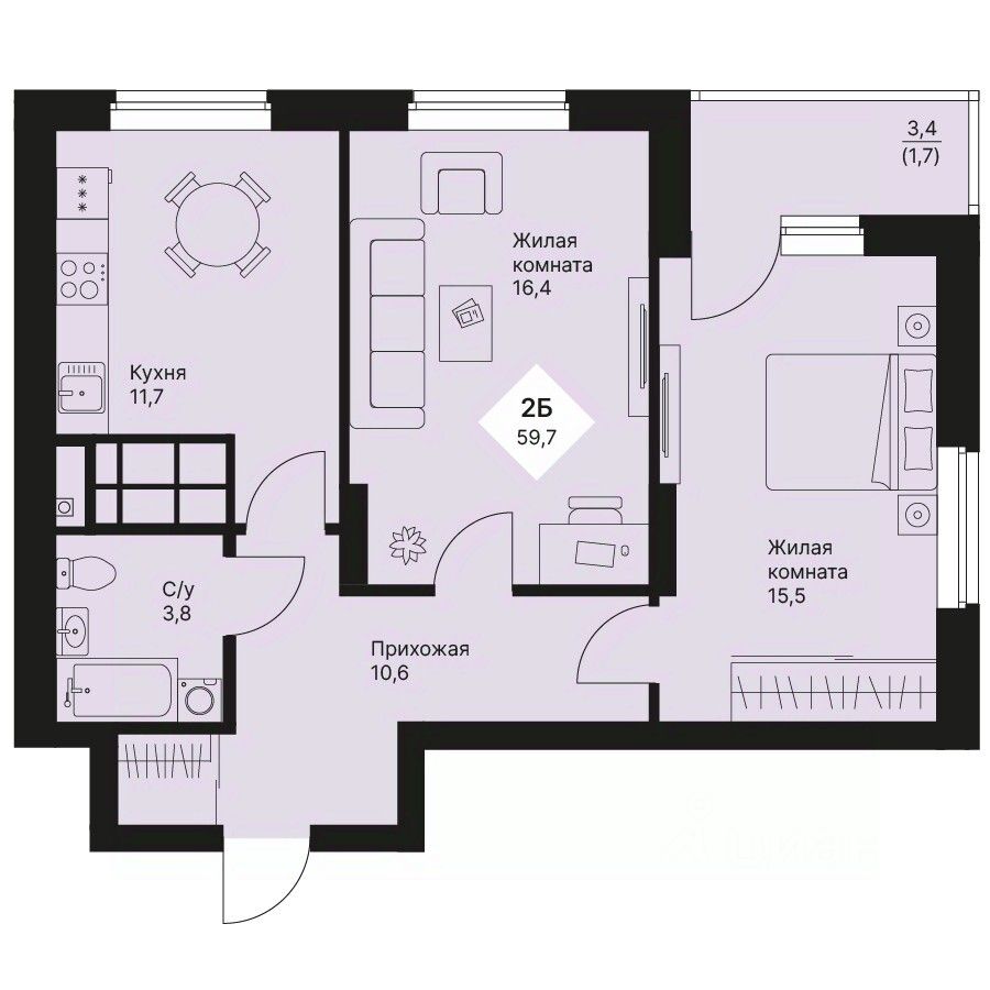 2-к кв. Свердловская область, Екатеринбург просп. Космонавтов, 108/5 (59.65 м²)