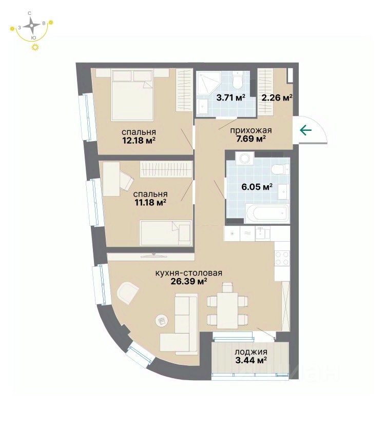 2-к кв. Свердловская область, Екатеринбург ул. Вилонова (72.9 м²)