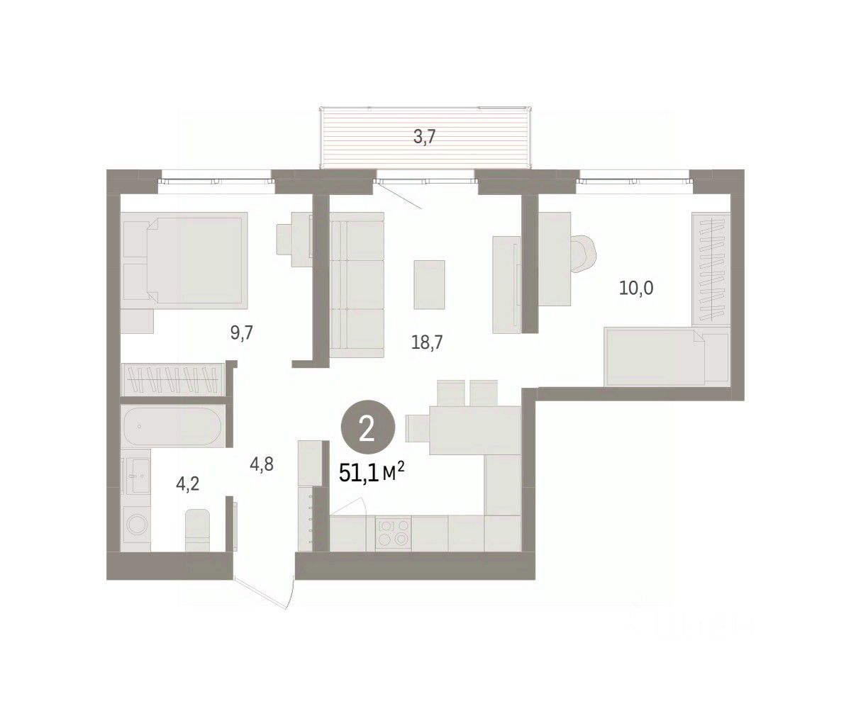 2-к кв. Свердловская область, Екатеринбург пер. Торфяной, 10 (51.1 м²)