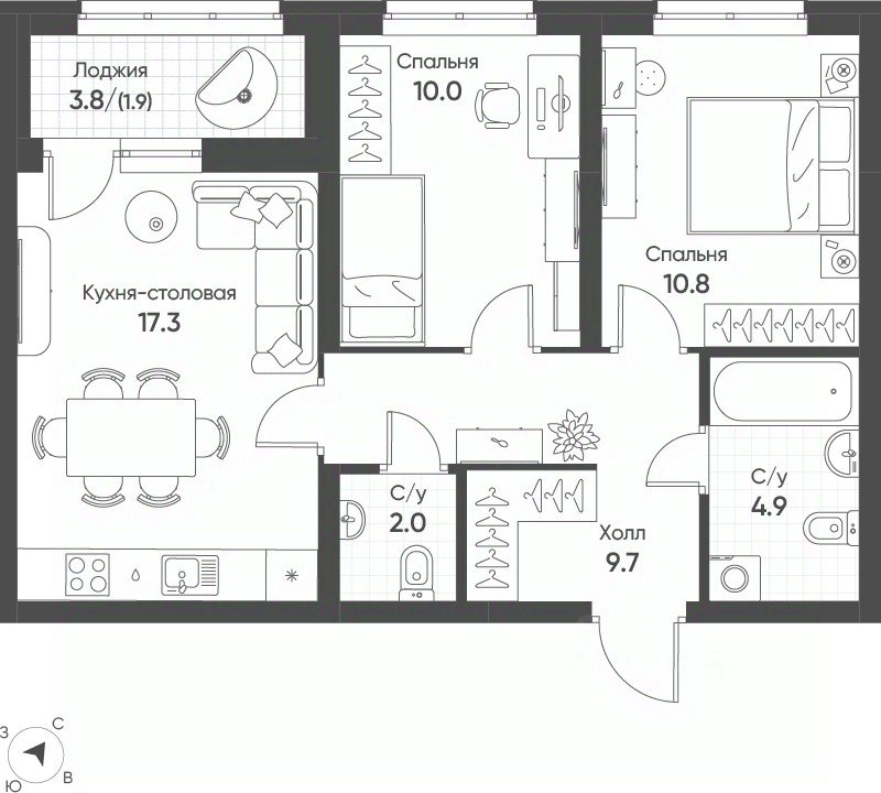 2-к кв. Свердловская область, Екатеринбург Солнечный жилрайон,  (56.6 м²)