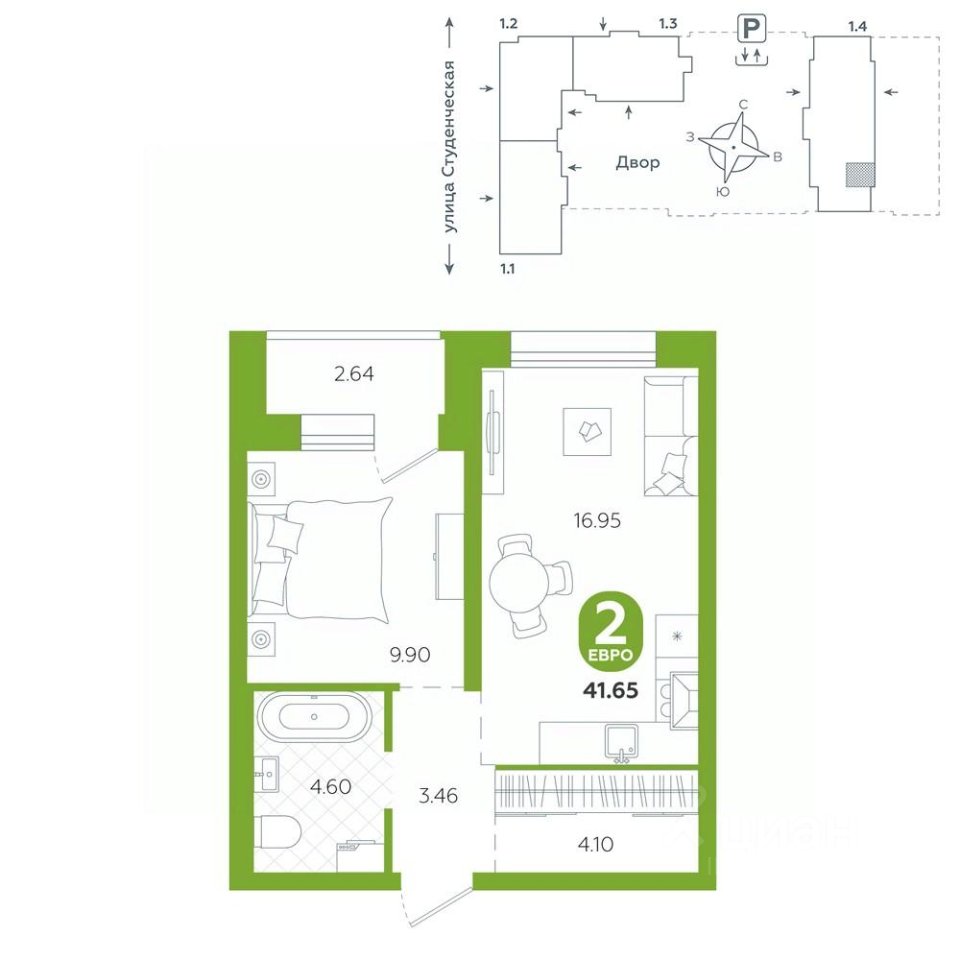1-к кв. Свердловская область, Екатеринбург ул. Студенческая, 1А (41.65 м²)