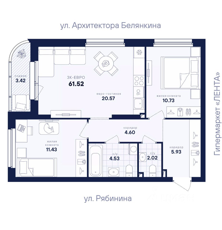 2-к кв. Свердловская область, Екатеринбург ул. Рябинина, 42 (61.52 м²)
