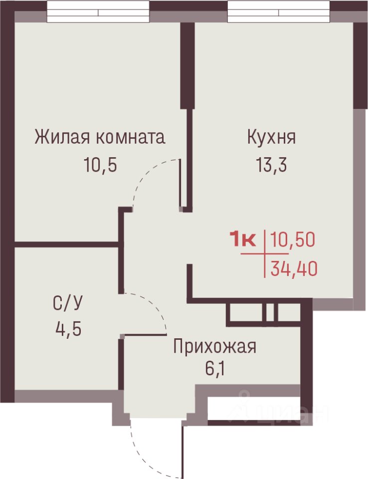 1-к кв. Свердловская область, Екатеринбург ул. Академика Ландау, 13 (34.4 м²)