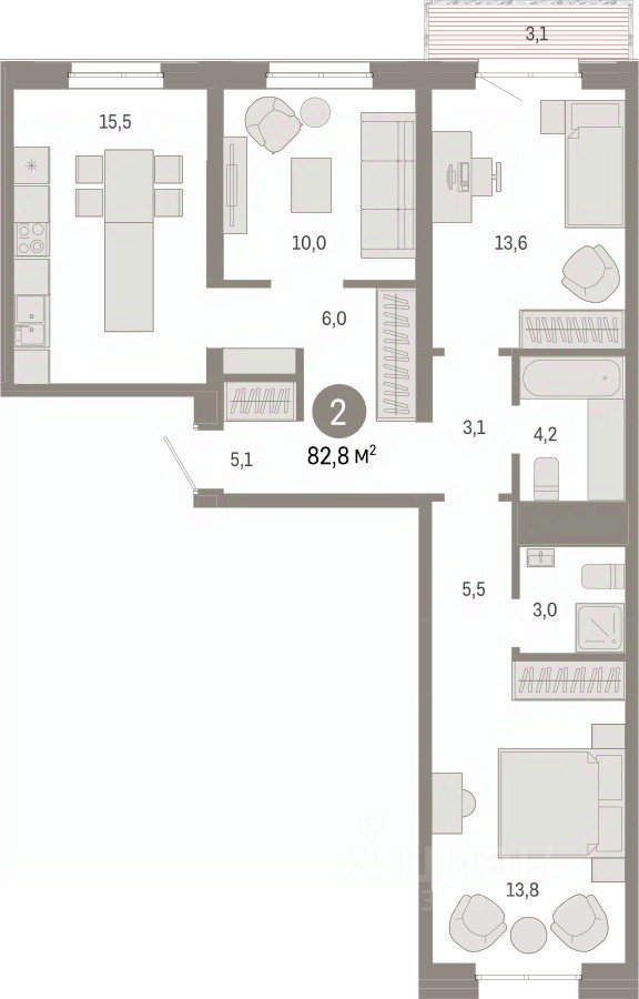2-к кв. Свердловская область, Екатеринбург ул. Шаумяна, 20 (82.8 м²)