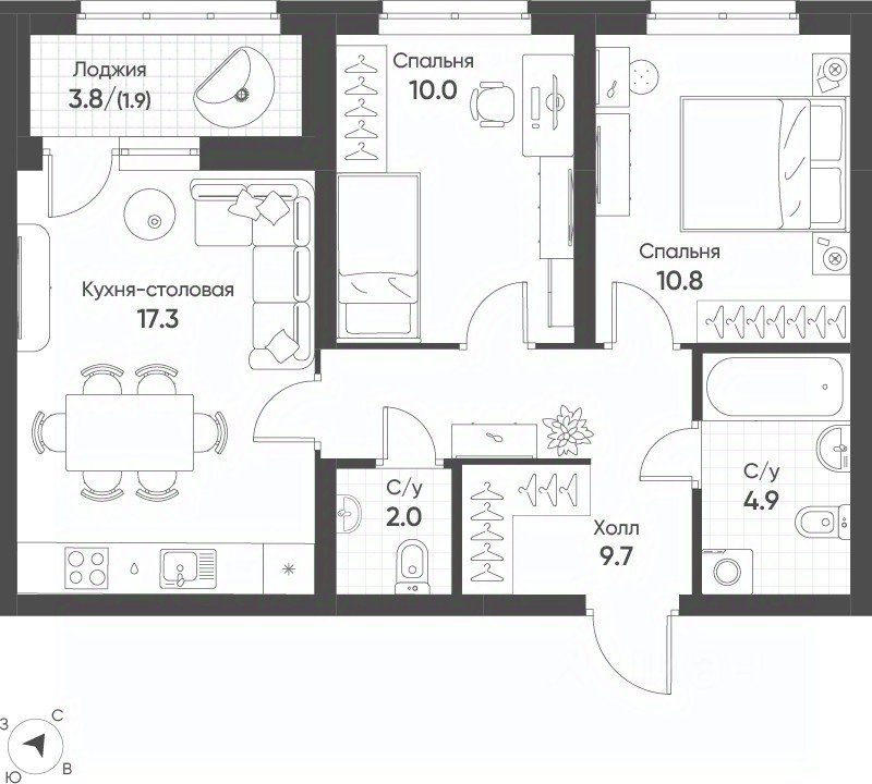 2-к кв. Свердловская область, Екатеринбург Солнечный жилрайон, (56.6 м²)