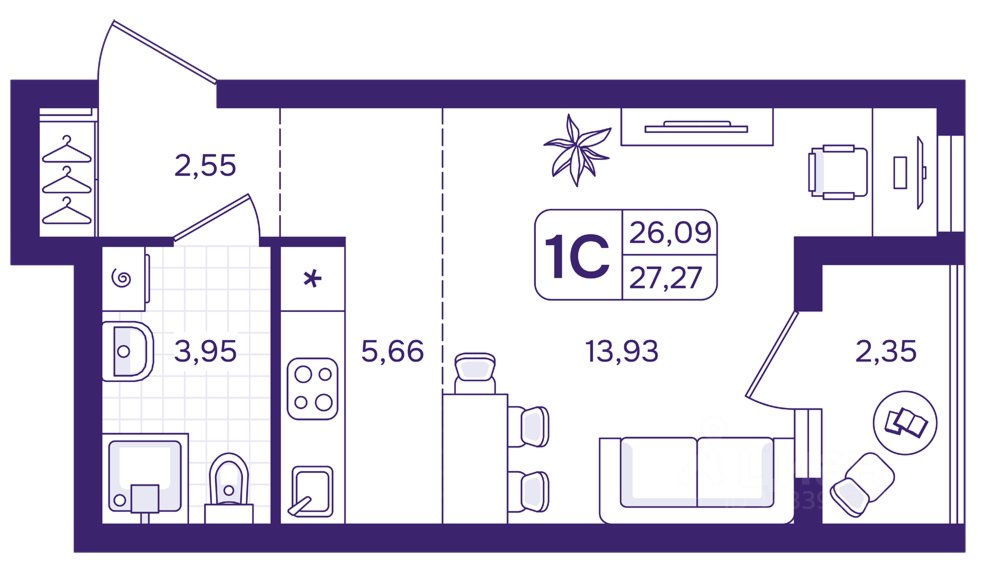 Студия Свердловская область, Екатеринбург пер. Проходной, 1Б (27.27 м²)