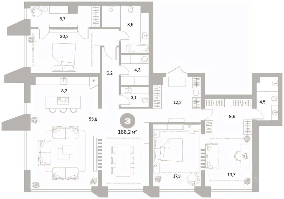 3-к кв. Свердловская область, Екатеринбург ул. Гоголя, 21 (166.18 м²)