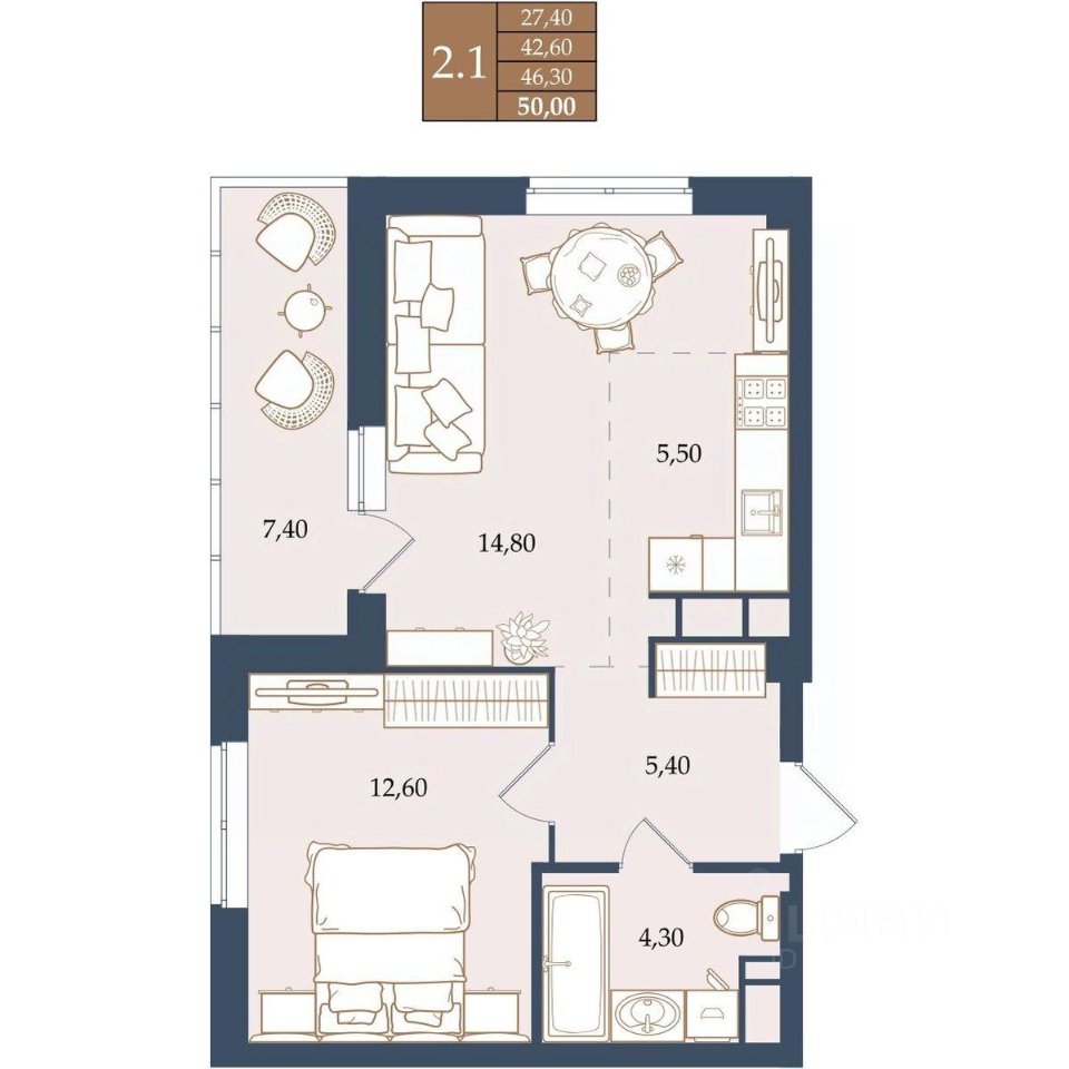 1-к кв. Свердловская область, Екатеринбург ул. Щербакова, 20 (46.3 м²)