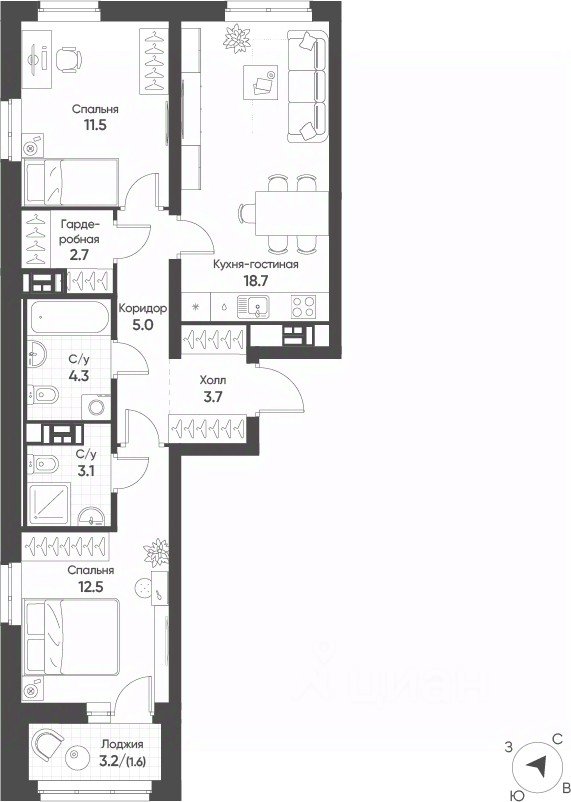2-к кв. Свердловская область, Екатеринбург Солнечный жилрайон,  (62.7 м²)