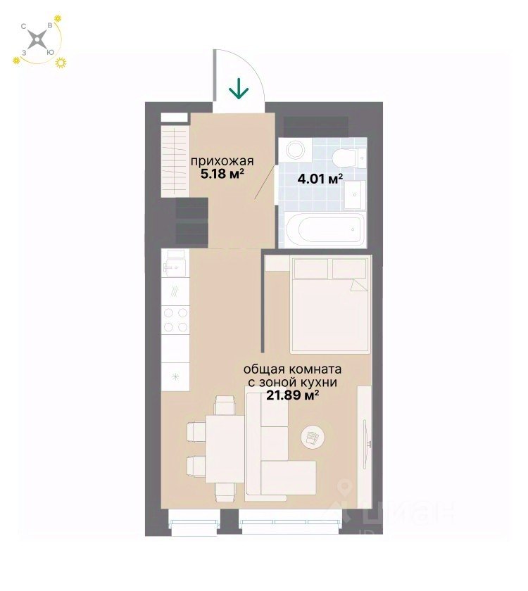 Студия Свердловская область, Екатеринбург ул. Вилонова (31.63 м²)