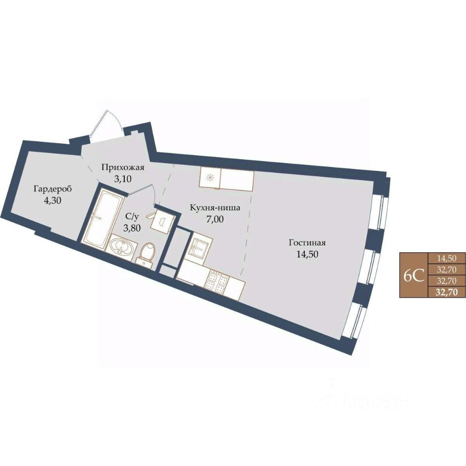 Студия Свердловская область, Екатеринбург ул. Щербакова, 20 (32.7 м²)