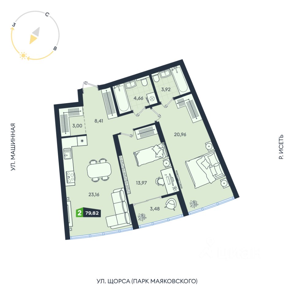 2-к кв. Свердловская область, Екатеринбург ул. Машинная, 1В/4 (79.82 м²)