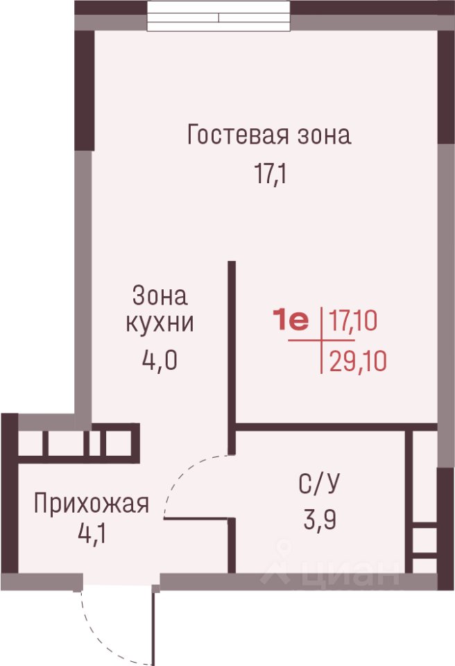 Студия Свердловская область, Екатеринбург ул. Академика Ландау, 13 (29.1 м²)