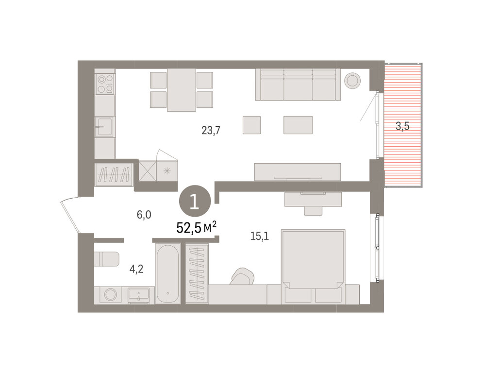 1-комнатная квартира: Екатеринбург, Торфяной переулок, 10 (52.5 м²)