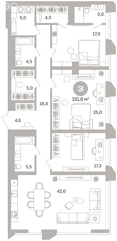 Квартира-студия: Екатеринбург, улица Гоголя, 21 (151.59 м²)