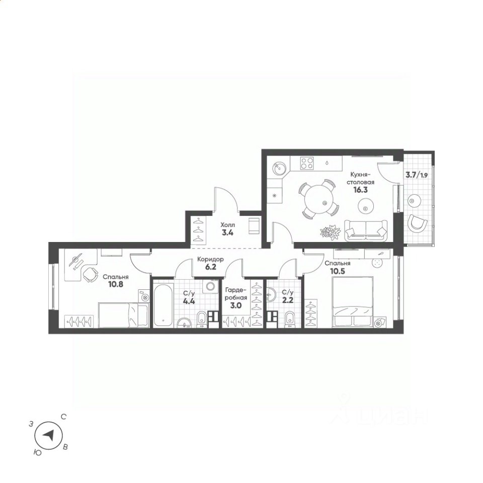 2-к кв. Свердловская область, Екатеринбург Солнечный жилрайон,  (58.7 м²)