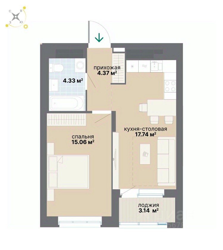 1-к кв. Свердловская область, Екатеринбург ул. Вилонова (44.64 м²)