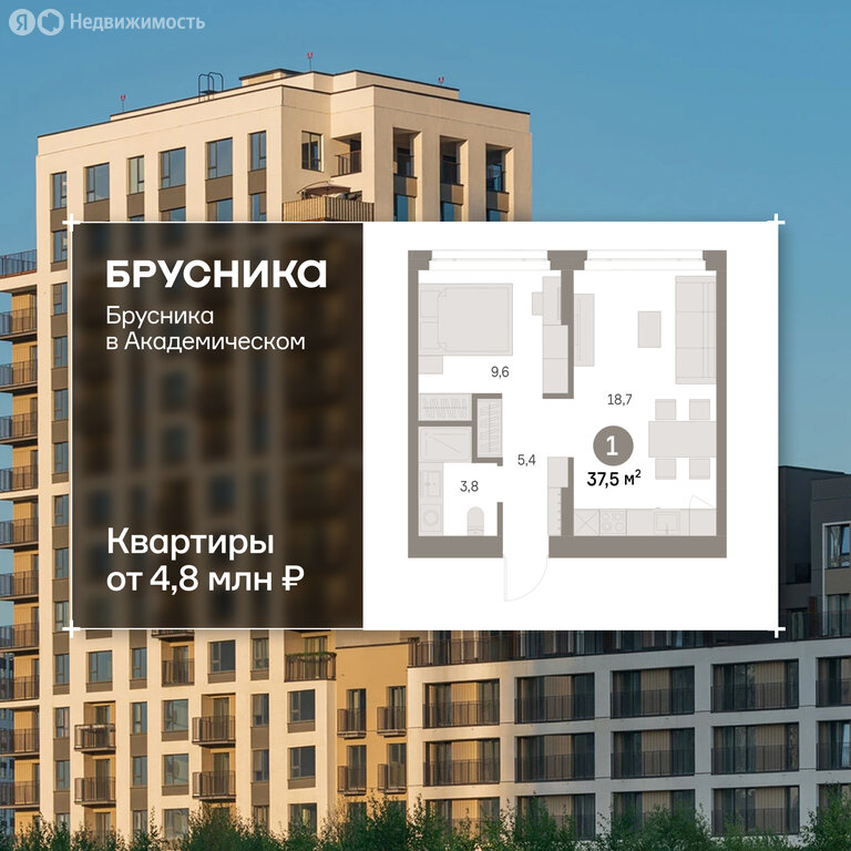 1-комнатная квартира: Екатеринбург, микрорайон Академический, 19-й квартал, ЖК Брусника в Академическом (37.49 м²)