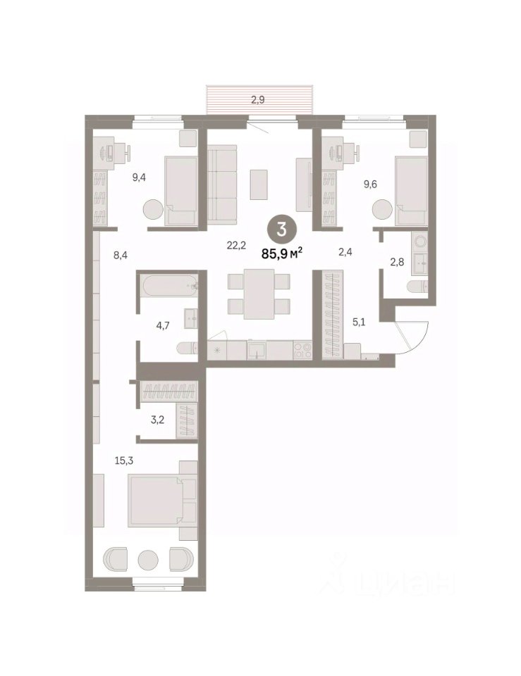 3-к кв. Свердловская область, Екатеринбург Уктус жилрайон, Шишимская Горка жилой комплекс (85.86 м²)