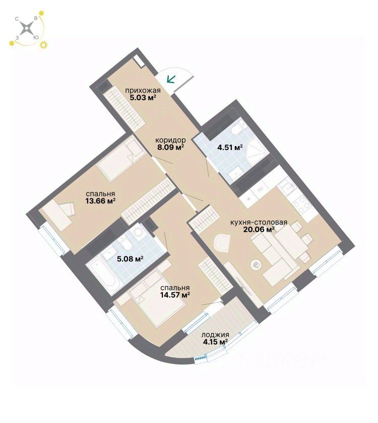 2-к кв. Свердловская область, Екатеринбург ул. Вилонова (75.15 м²)