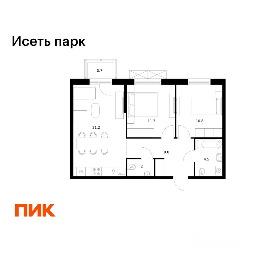 2-к кв. Свердловская область, Екатеринбург Южный жилрайон, Исеть Парк жилой комплекс, 1/5 (59.3 м²)