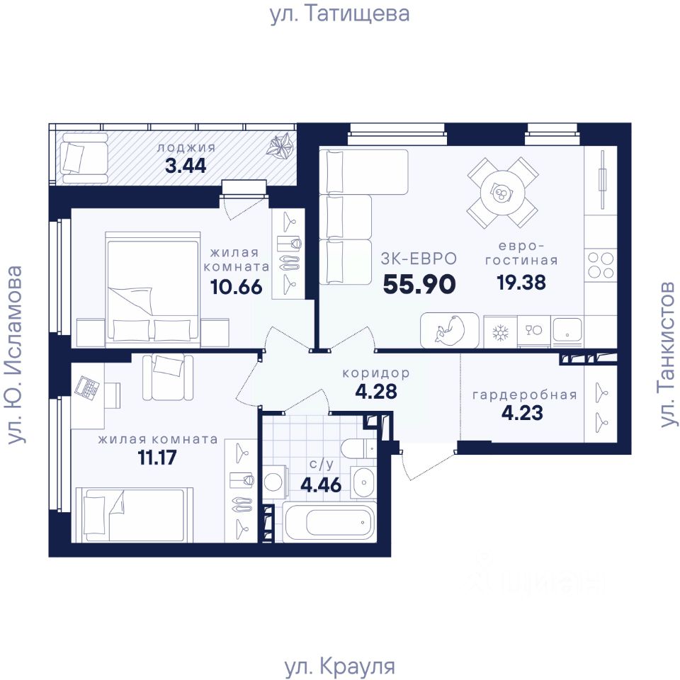 2-к кв. Свердловская область, Екатеринбург ул. Крауля, 170Б (55.9 м²)