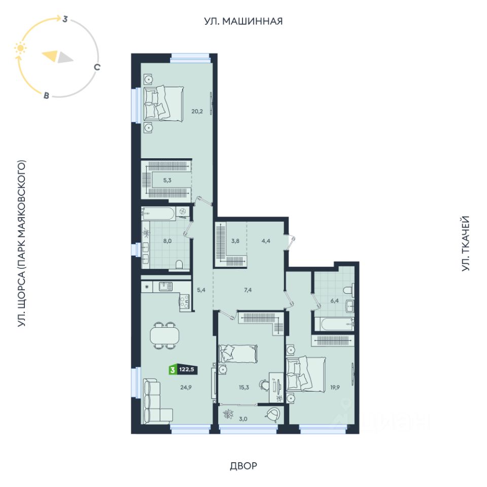 3-к кв. Свердловская область, Екатеринбург ул. Машинная, 1в/2 (122.5 м²)