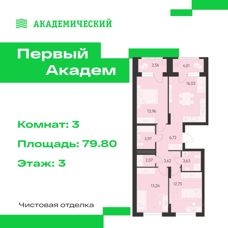 3-к кв. Свердловская область, Екатеринбург Академический мкр, 3-й кв-л,  (79.8 м²)