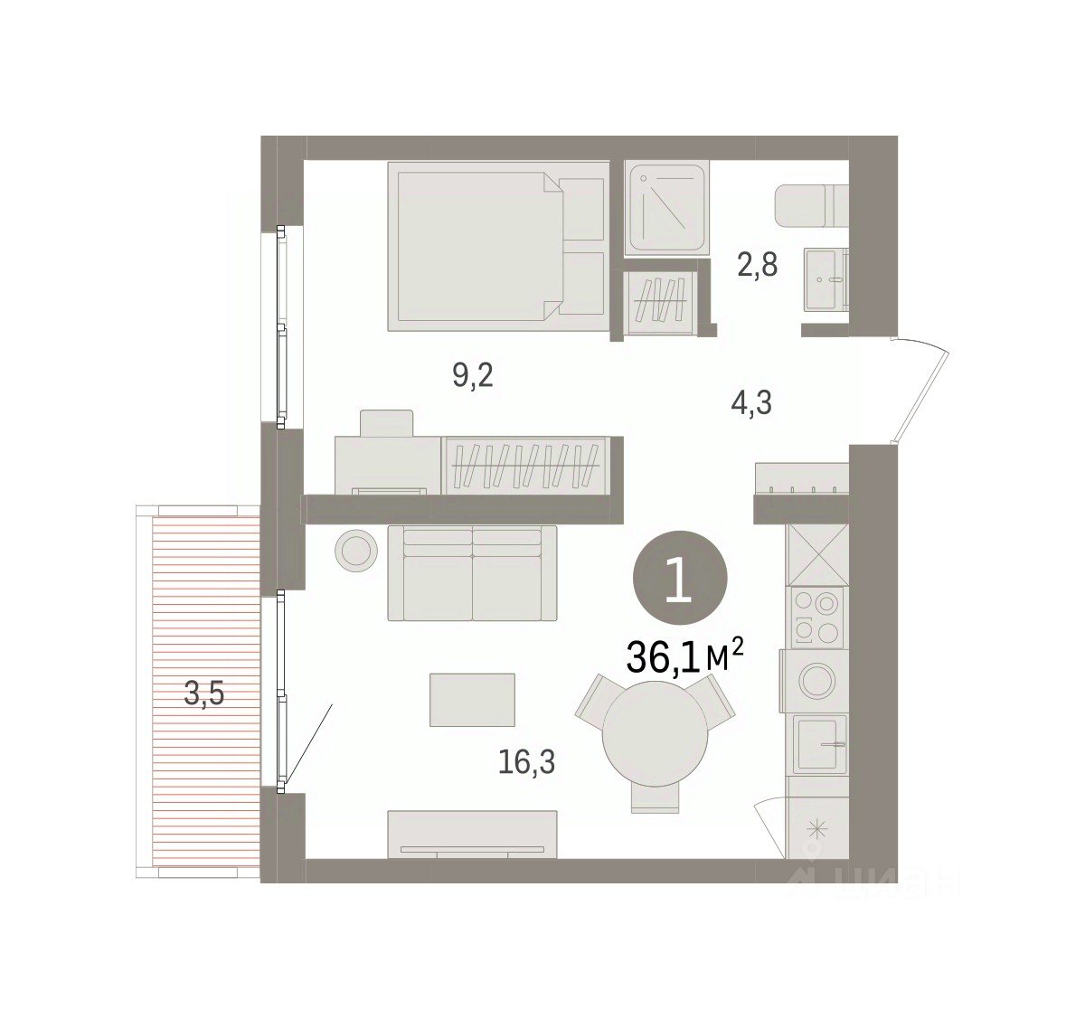 1-к кв. Свердловская область, Екатеринбург пер. Торфяной, 10 (36.1 м²)