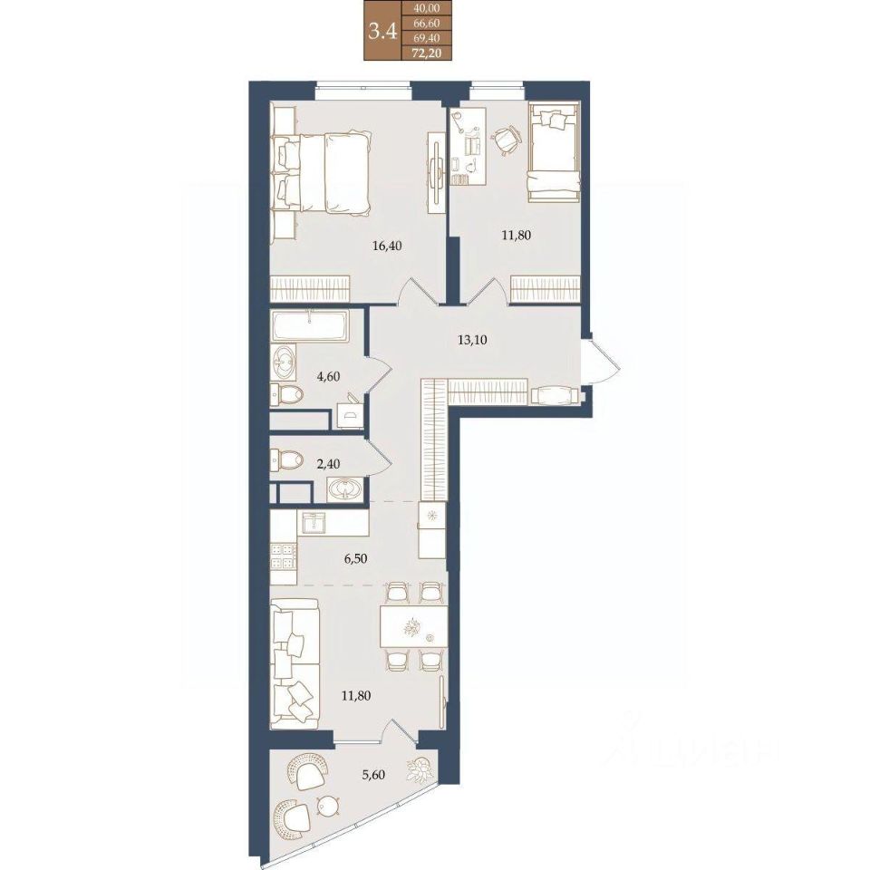2-к кв. Свердловская область, Екатеринбург ул. Щербакова, 20 (69.4 м²)