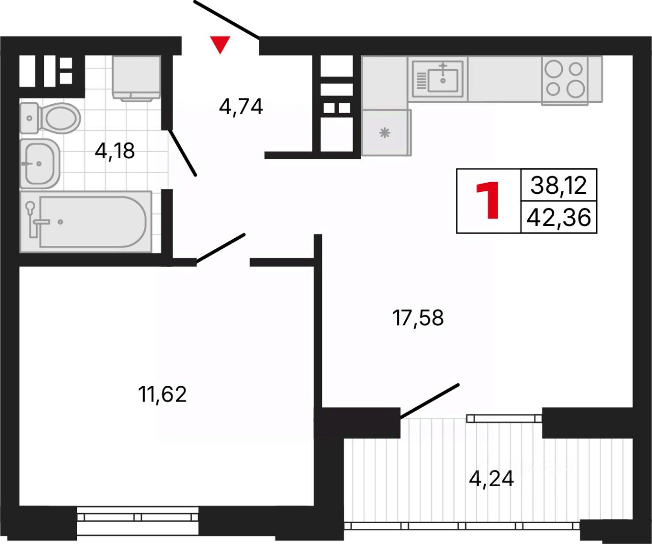 1-к кв. Свердловская область, Екатеринбург ул. Депутатская (42.28 м²)