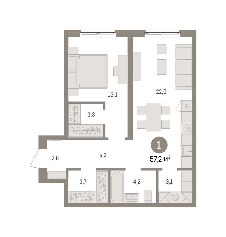 1-комнатная квартира: Екатеринбург, Торфяной переулок, 10 (57.2 м²)