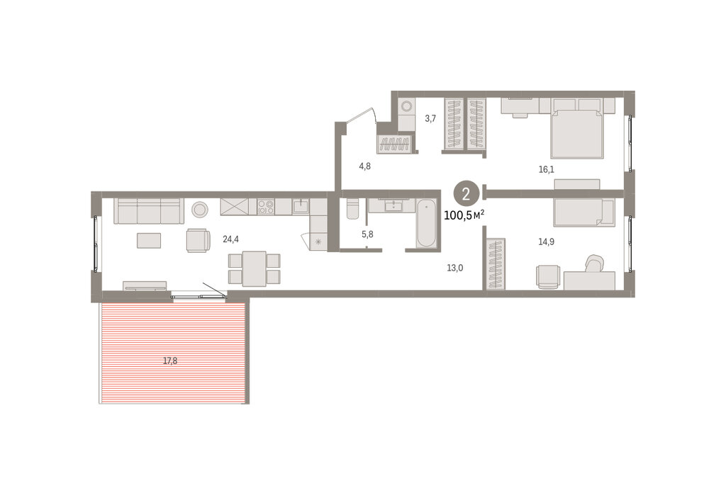 2-комнатная квартира: Екатеринбург, Торфяной переулок, 10 (100.5 м²)