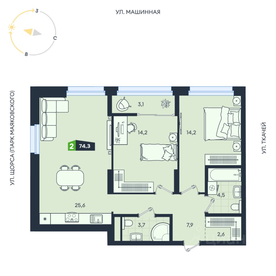 2-к кв. Свердловская область, Екатеринбург ул. Машинная, 1в/2 (74.3 м²)