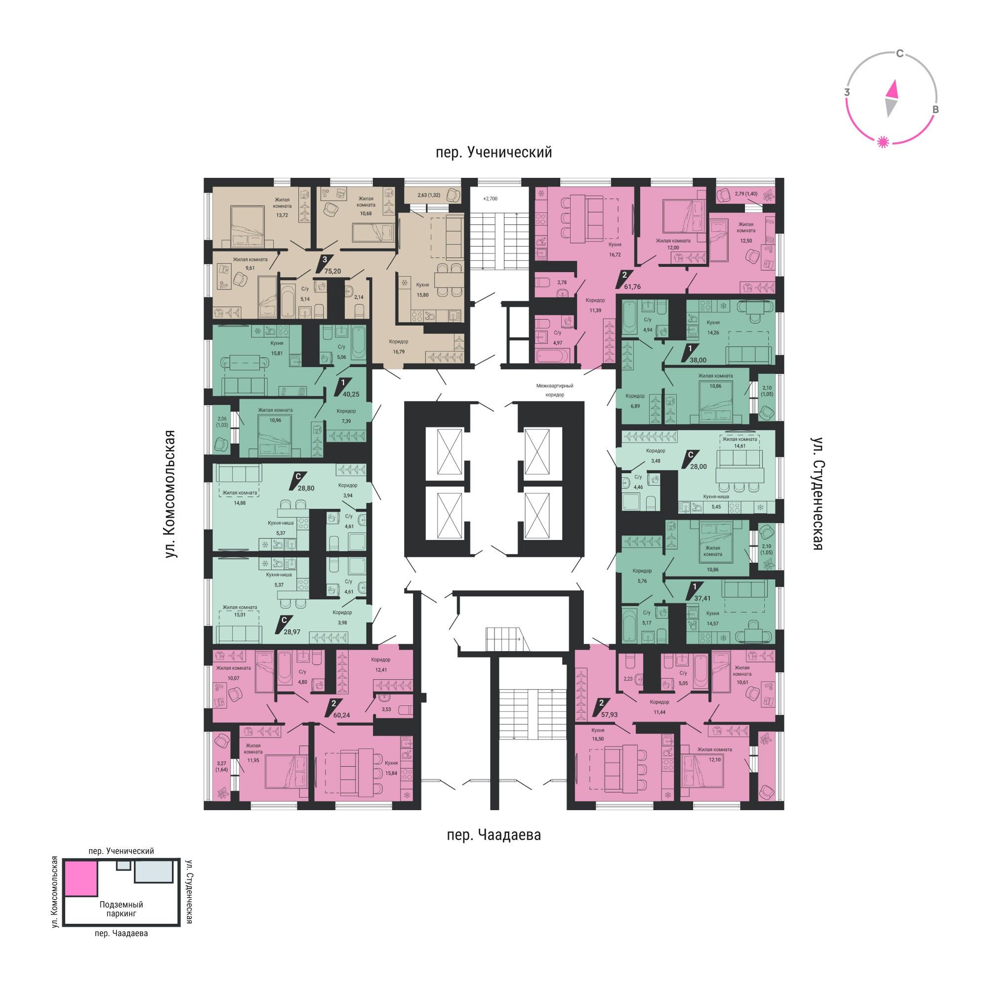 2-к кв. Свердловская область, Екатеринбург пер. Ученический (61.76 м²)