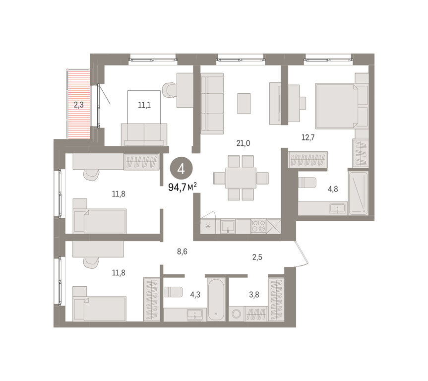 4-комнатная квартира: Екатеринбург, Торфяной переулок, 10 (94.7 м²)