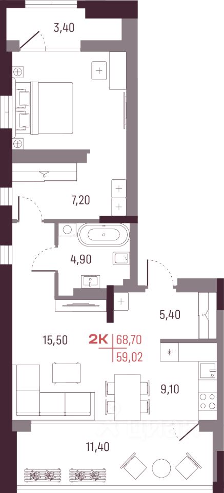 2-к кв. Свердловская область, Екатеринбург ул. Академика Вавилова, 7 (59.4 м²)