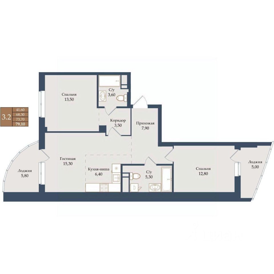 2-к кв. Свердловская область, Екатеринбург ул. Щербакова, 20 (73.7 м²)