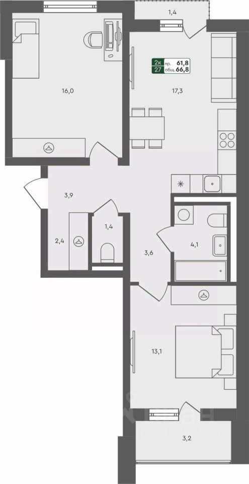2-к кв. Свердловская область, Екатеринбург ул. Абрикосовая, 60/1 (66.8 м²)