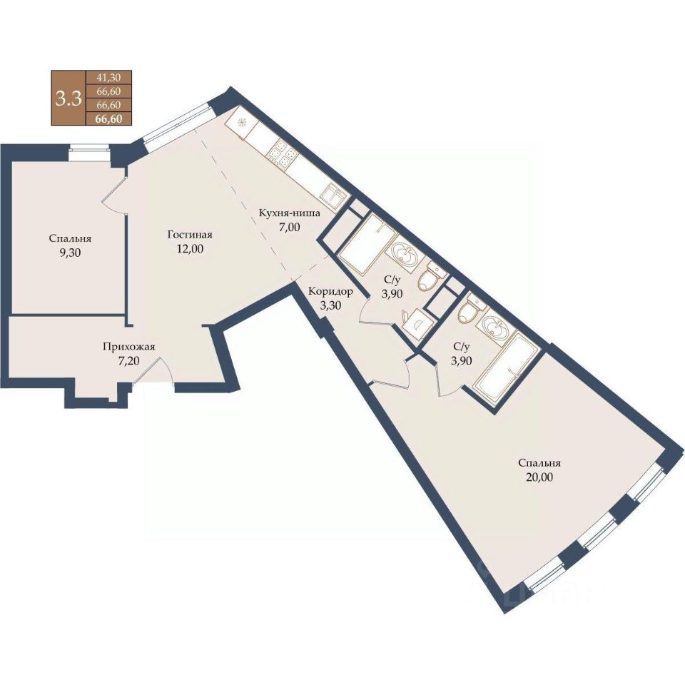 2-к кв. Свердловская область, Екатеринбург ул. Щербакова, 20 (66.6 м²)