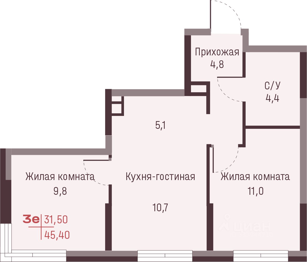 3-к кв. Свердловская область, Екатеринбург ул. Академика Ландау, 13 (45.4 м²)