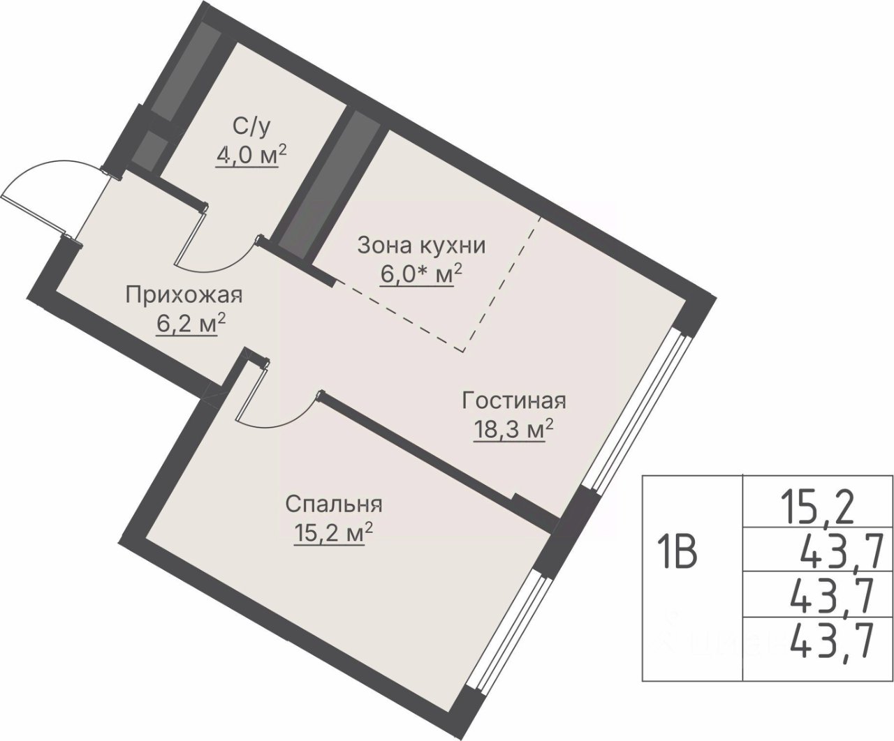 1-к кв. Свердловская область, Екатеринбург Никольский жилой комплекс (43.7 м²)