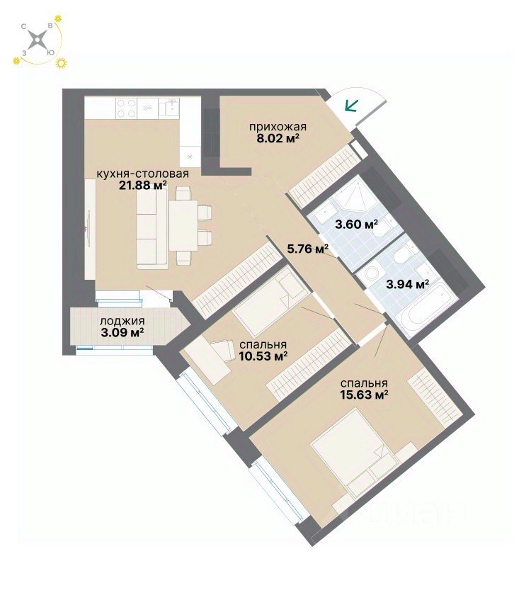 2-к кв. Свердловская область, Екатеринбург ул. Вилонова (72.45 м²)