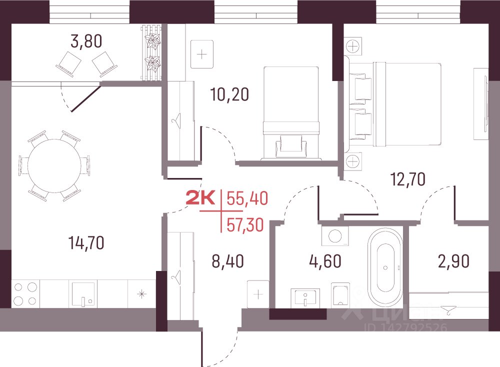 2-к кв. Свердловская область, Екатеринбург ул. Академика Вавилова, 9 (55.5 м²)