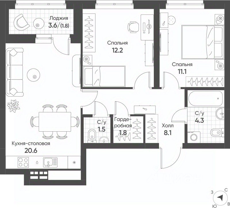 2-к кв. Свердловская область, Екатеринбург Солнечный жилрайон,  (61.4 м²)
