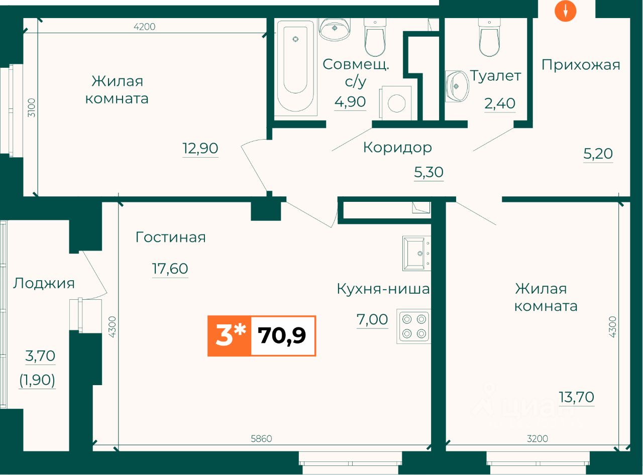 Студия Свердловская область, Екатеринбург ВИЗ жилрайон, Квартал Сюжеты жилой комплекс (70.9 м²)