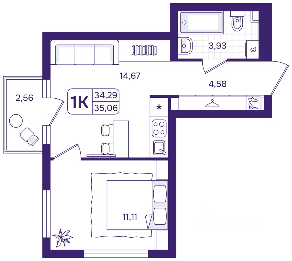 1-к кв. Свердловская область, Екатеринбург пер. Проходной, 1Б (35.06 м²)