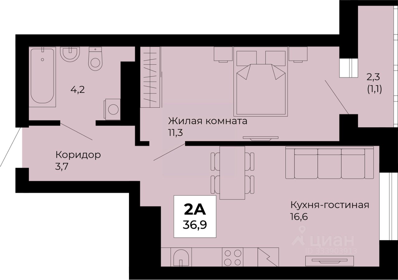 1-к кв. Свердловская область, Екатеринбург Эльмаш жилрайон, Веер Парк жилой комплекс (36.9 м²)