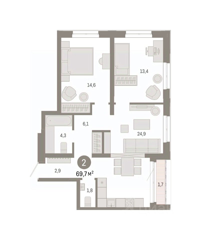 2-к кв. Свердловская область, Екатеринбург ул. Шаумяна, 20 (69.6 м²)