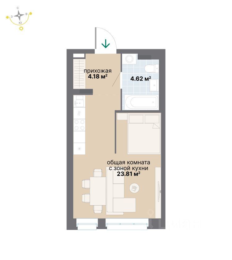 Студия Свердловская область, Екатеринбург ул. Вилонова (32.61 м²)